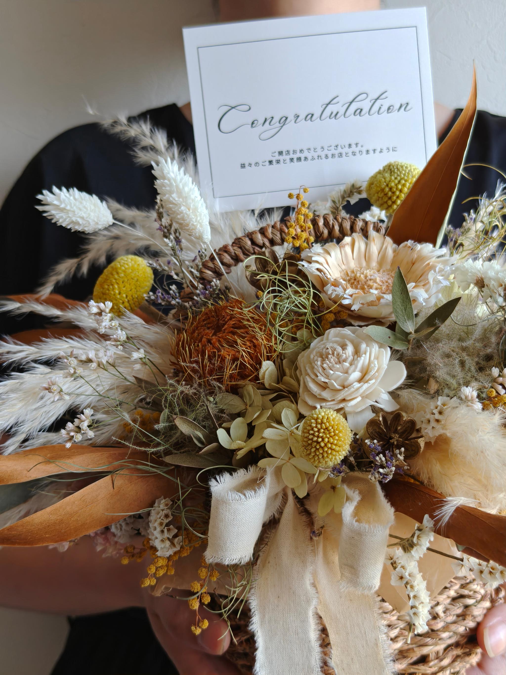 花籠のお祝い花 開店祝い 店舗インテリア 周年祝い ドライフラワー アレンジメント 結婚祝い ミモザ | 8枚目